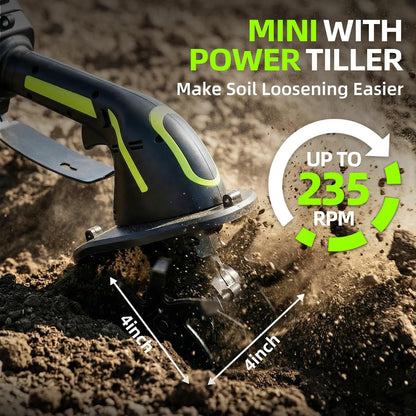 2-in-1 Cordless Tiller Cultivator, 235RPM Powered Tiller with 3.5ft Extension Pole, 2×2.0Ah Rechargeable Batteries, 4-Inch Tilling Width & Depth, Mini Powerful Tiller for Gardening, Lawn