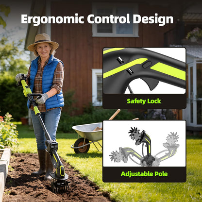 2-in-1 Cordless Tiller Cultivator, 235RPM Powered Tiller with 3.5ft Extension Pole, 2×2.0Ah Rechargeable Batteries, 4-Inch Tilling Width & Depth, Mini Powerful Tiller for Gardening, Lawn