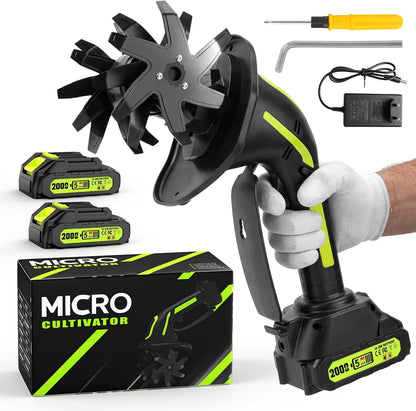 2-in-1 Cordless Tiller Cultivator, 235RPM Powered Tiller with 3.5ft Extension Pole, 2×2.0Ah Rechargeable Batteries, 4-Inch Tilling Width & Depth, Mini Powerful Tiller for Gardening, Lawn