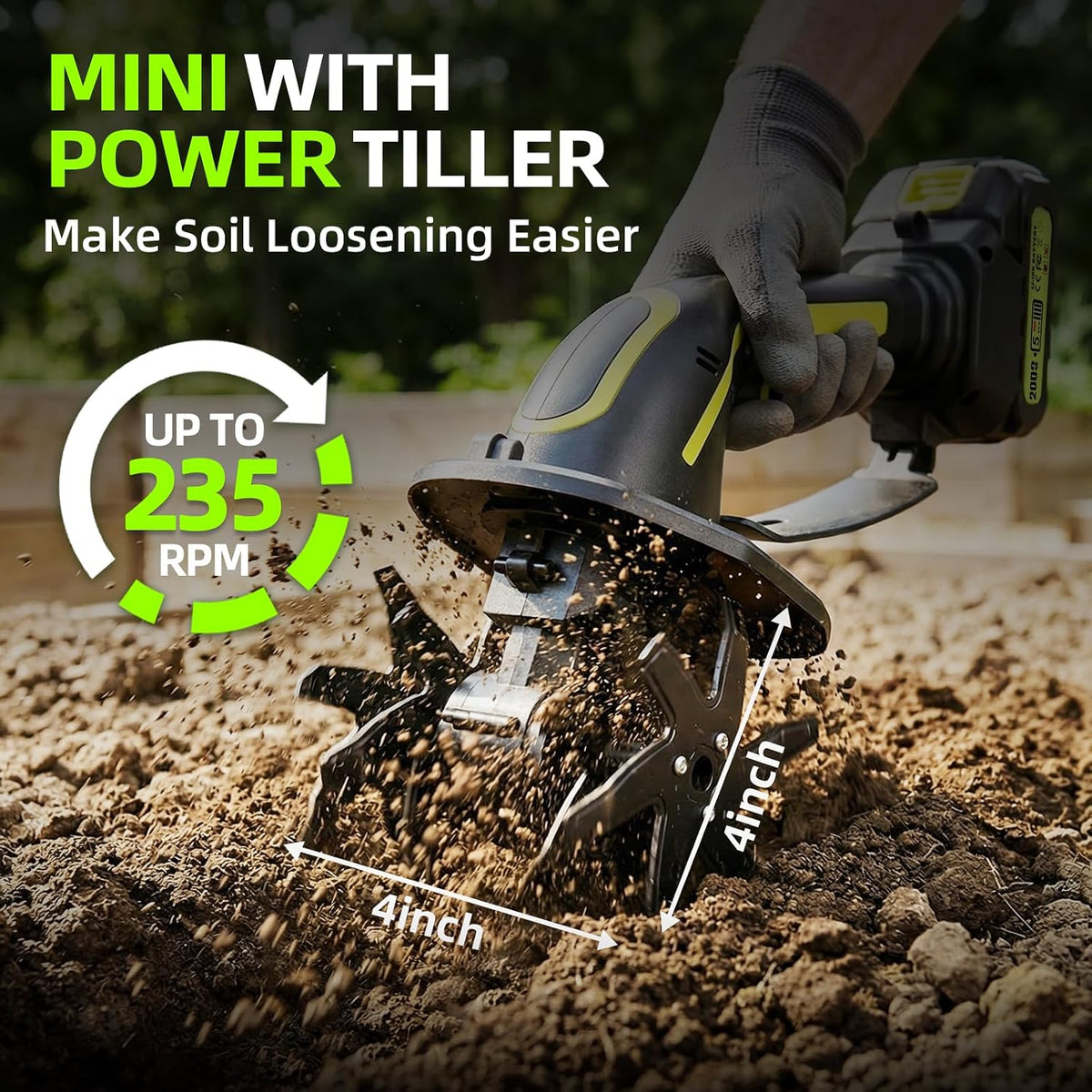 2-in-1 Cordless Tiller Cultivator, 235RPM Powered Tiller with 3.5ft Extension Pole, 2×2.0Ah Rechargeable Batteries, 4-Inch Tilling Width & Depth, Mini Powerful Tiller for Gardening, Lawn