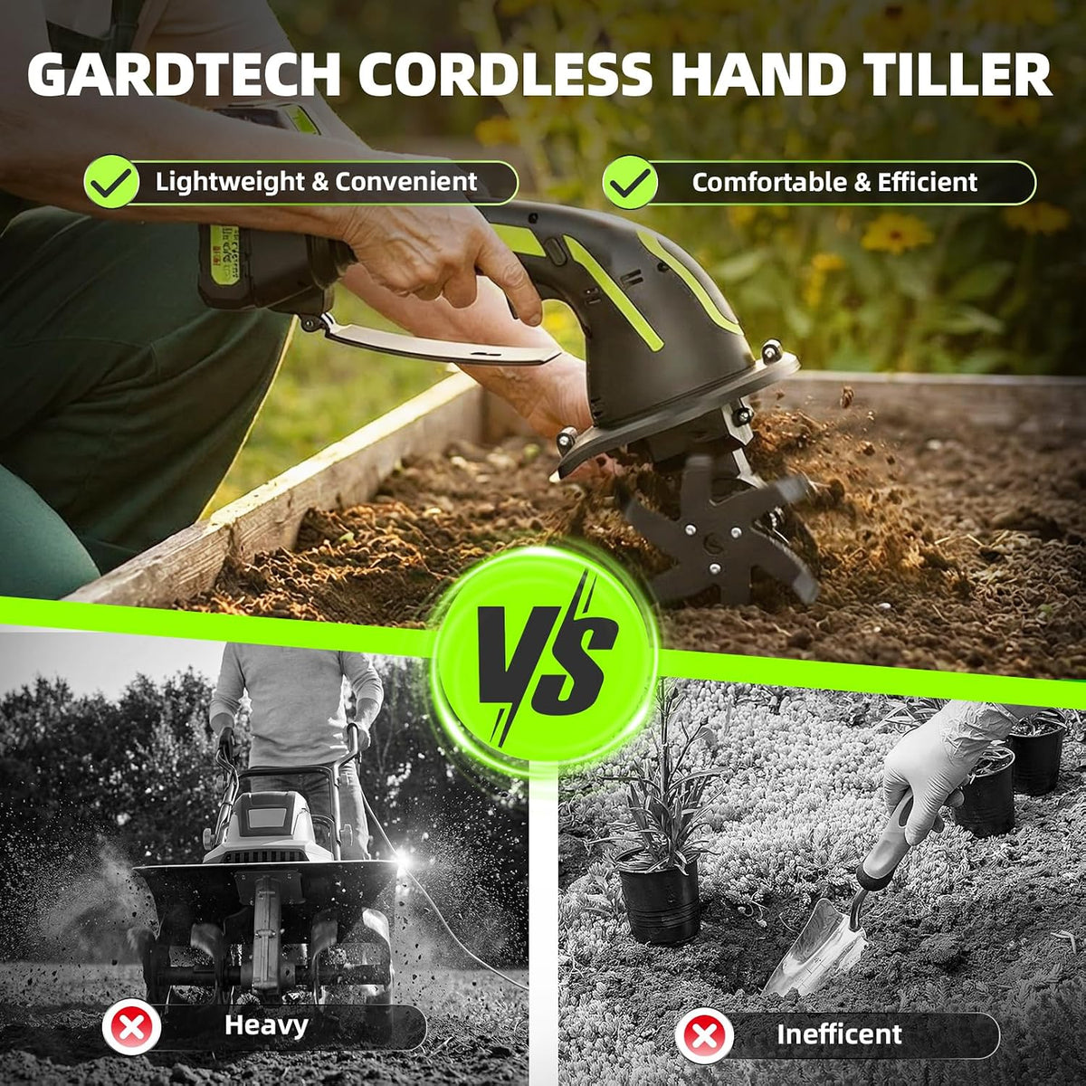 2-in-1 Cordless Tiller Cultivator, 235RPM Powered Tiller with 3.5ft Extension Pole, 2×2.0Ah Rechargeable Batteries, 4-Inch Tilling Width & Depth, Mini Powerful Tiller for Gardening, Lawn