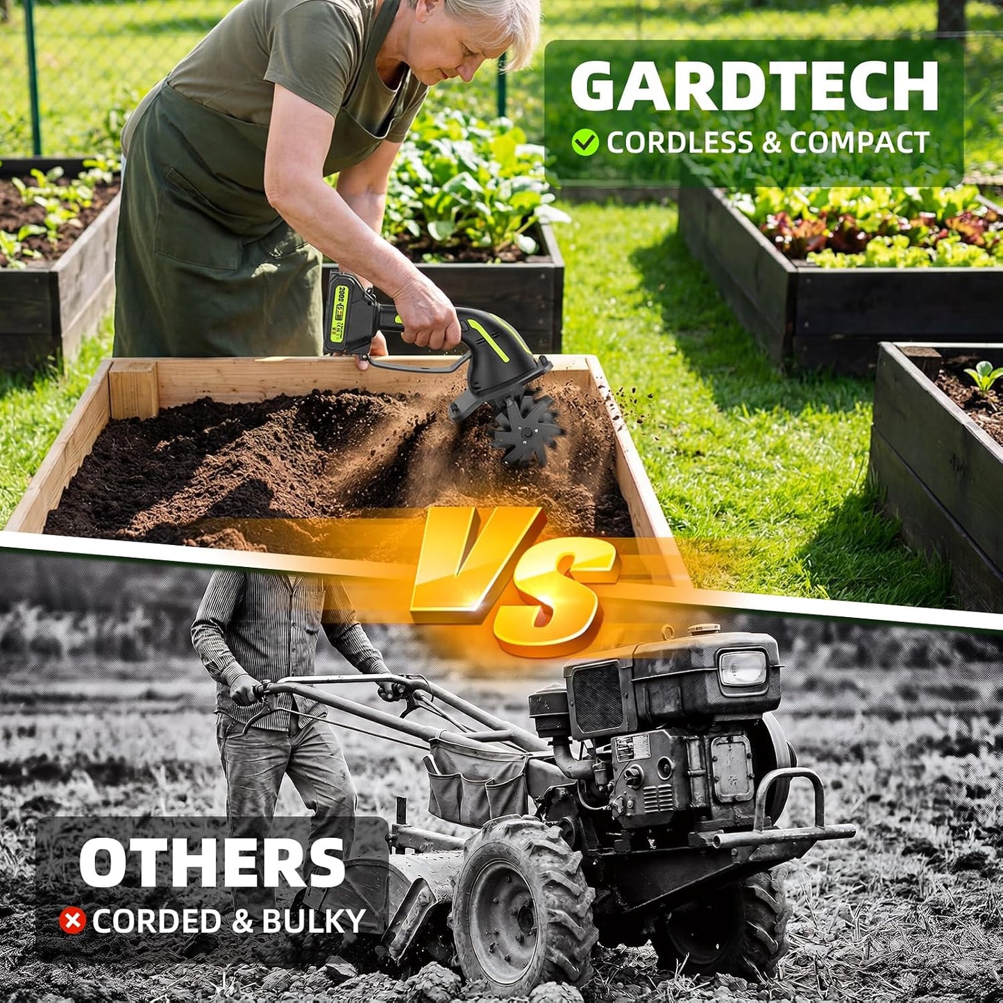 2-in-1 Cordless Tiller Cultivator, 235RPM Powered Tiller with 3.5ft Extension Pole, 2×2.0Ah Rechargeable Batteries, 4-Inch Tilling Width & Depth, Mini Powerful Tiller for Gardening, Lawn