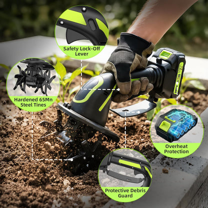 2-in-1 Cordless Tiller Cultivator, 235RPM Powered Tiller with 3.5ft Extension Pole, 2×2.0Ah Rechargeable Batteries, 4-Inch Tilling Width & Depth, Mini Powerful Tiller for Gardening, Lawn