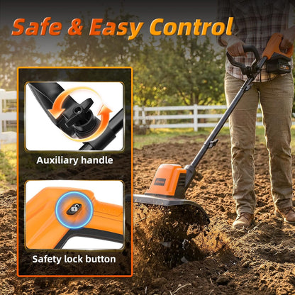 2-in-1 Cordless Tiller Cultivator, 235RPM Powered Tiller with 3.5ft Extension Pole, 2×2.0Ah Rechargeable Batteries, 4-Inch Tilling Width & Depth, Mini Powerful Tiller for Gardening, Lawn