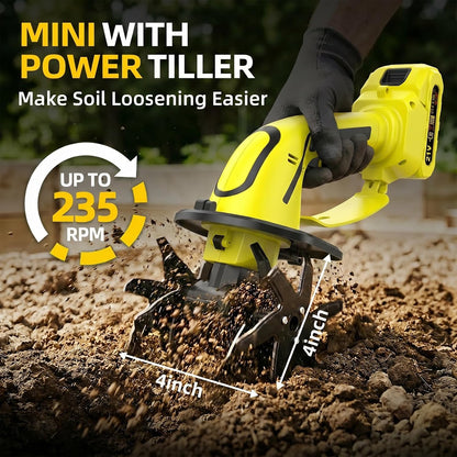 2-in-1 Cordless Tiller Cultivator, 235RPM Powered Tiller with 3.5ft Extension Pole, 2×2.0Ah Rechargeable Batteries, 4-Inch Tilling Width & Depth, Mini Powerful Tiller for Gardening, Lawn