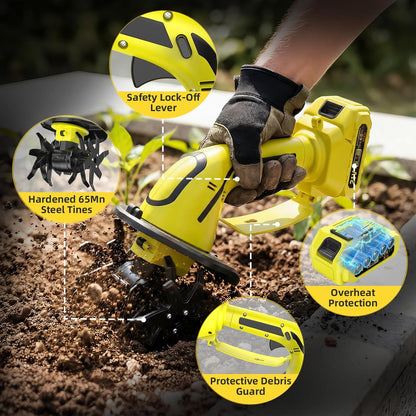 2-in-1 Cordless Tiller Cultivator, 235RPM Powered Tiller with 3.5ft Extension Pole, 2×2.0Ah Rechargeable Batteries, 4-Inch Tilling Width & Depth, Mini Powerful Tiller for Gardening, Lawn