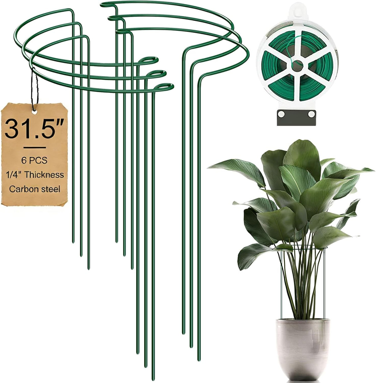 6-Pack 31.5” Plant Support Stakes, Steel Plant Cage & Peony Tomato Hydrangea Cage, Garden Stakes for Outdoor Plants, Heavy-Duty Plant Stakes, 16.7” Support + 14.8” Extension Tubes