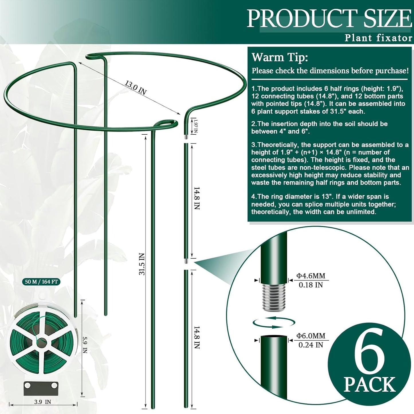 6-Pack 31.5” Plant Support Stakes, Steel Plant Cage & Peony Tomato Hydrangea Cage, Garden Stakes for Outdoor Plants, Heavy-Duty Plant Stakes, 16.7” Support + 14.8” Extension Tubes