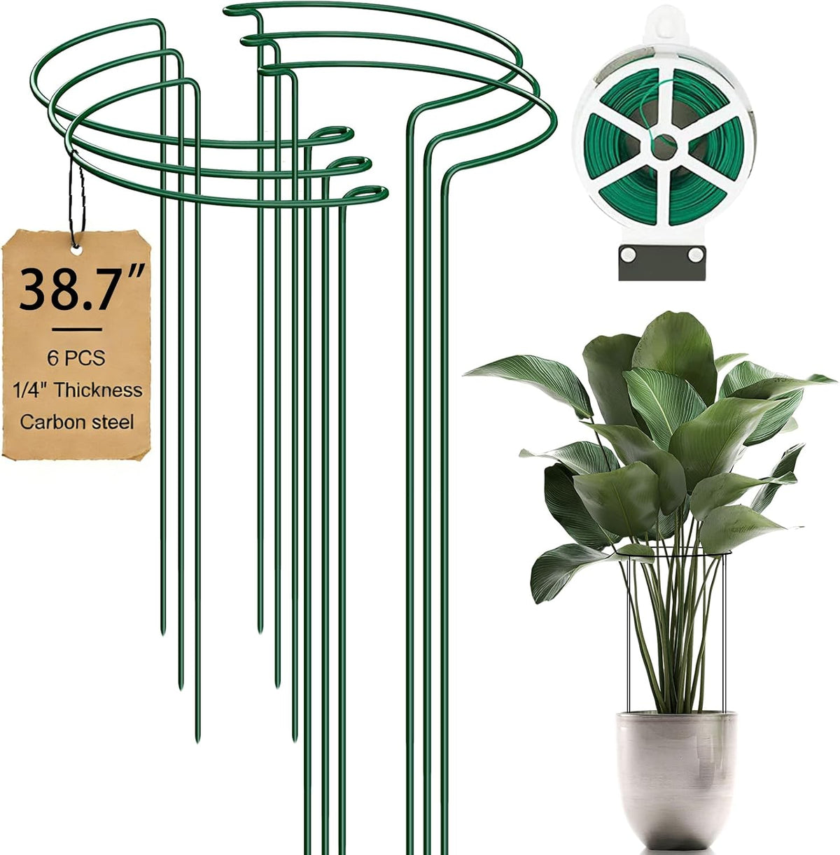 6-Pack 31.5” Plant Support Stakes, Steel Plant Cage & Peony Tomato Hydrangea Cage, Garden Stakes for Outdoor Plants, Heavy-Duty Plant Stakes, 16.7” Support + 14.8” Extension Tubes