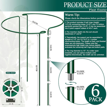 6-Pack 31.5” Plant Support Stakes, Steel Plant Cage & Peony Tomato Hydrangea Cage, Garden Stakes for Outdoor Plants, Heavy-Duty Plant Stakes, 16.7” Support + 14.8” Extension Tubes
