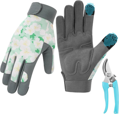 Garden Pruning Shears Set with Gardening Work Gloves & Stainless Steel Trimming Scissors for Flowers, Herbs & Small Branches, Puncture Resistant Anti-Slip Flexible