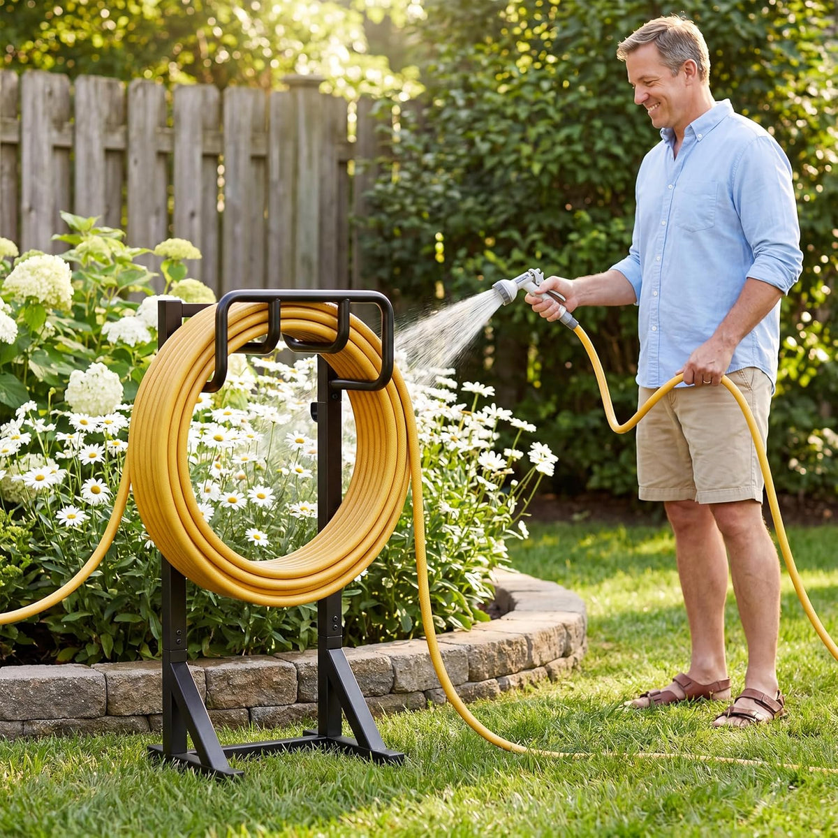 Garden Hose Holder Stand, Freestanding Heavy Duty Metal Hose Holder with Stable Base and Tool Hooks, Rustproof Water Hose Storage Rack for Outside Yard Lawn