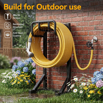 Garden Hose Holder Stand, Freestanding Heavy Duty Metal Hose Holder with Stable Base and Tool Hooks, Rustproof Water Hose Storage Rack for Outside Yard Lawn