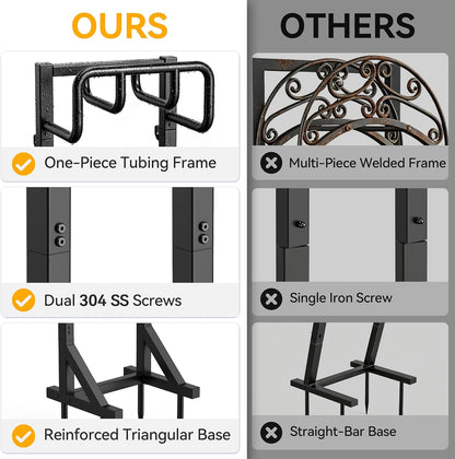 Garden Hose Holder Stand, Freestanding Heavy Duty Metal Hose Holder with Stable Base and Tool Hooks, Rustproof Water Hose Storage Rack for Outside Yard Lawn
