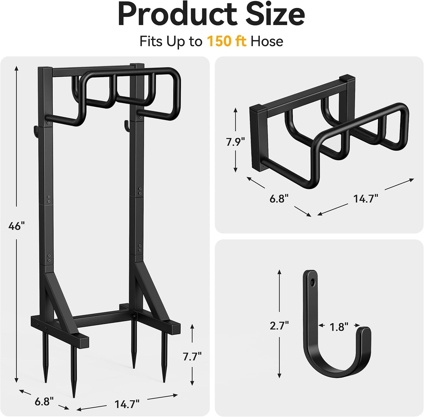 Garden Hose Holder Stand, Freestanding Heavy Duty Metal Hose Holder with Stable Base and Tool Hooks, Rustproof Water Hose Storage Rack for Outside Yard Lawn