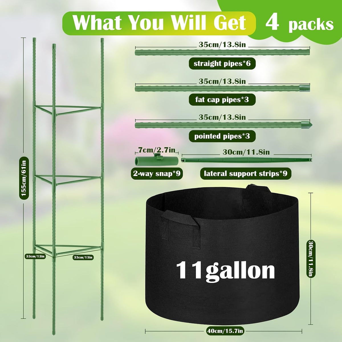 4 Pack Tomato Cages 55 x 12 Inch for Garden with 11 Gallon Round Planter