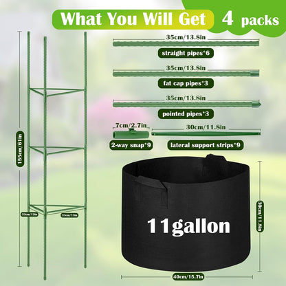 4 Pack Tomato Cages 55 x 12 Inch for Garden with 11 Gallon Round Planter