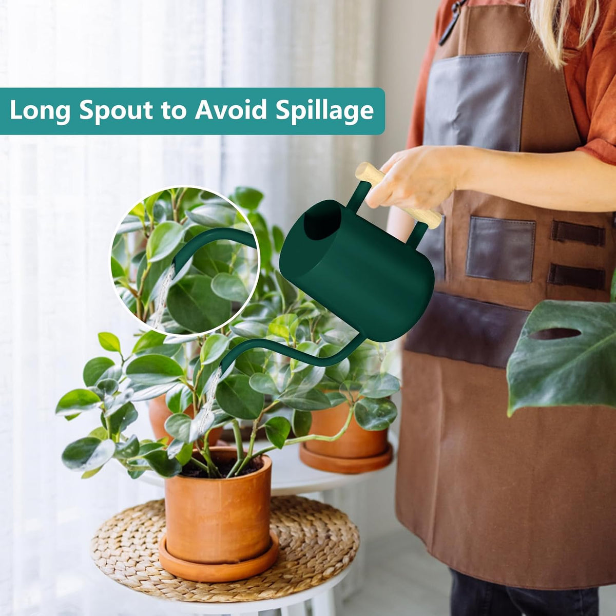 Watering Can Indoor Plants, 35oz Small Indoor Stainless Steel Metal Watering Can Modern Decorative Watering Pot with Long Spout for Indoor House Plant Bonsai Garden Flowers (Sage Green)