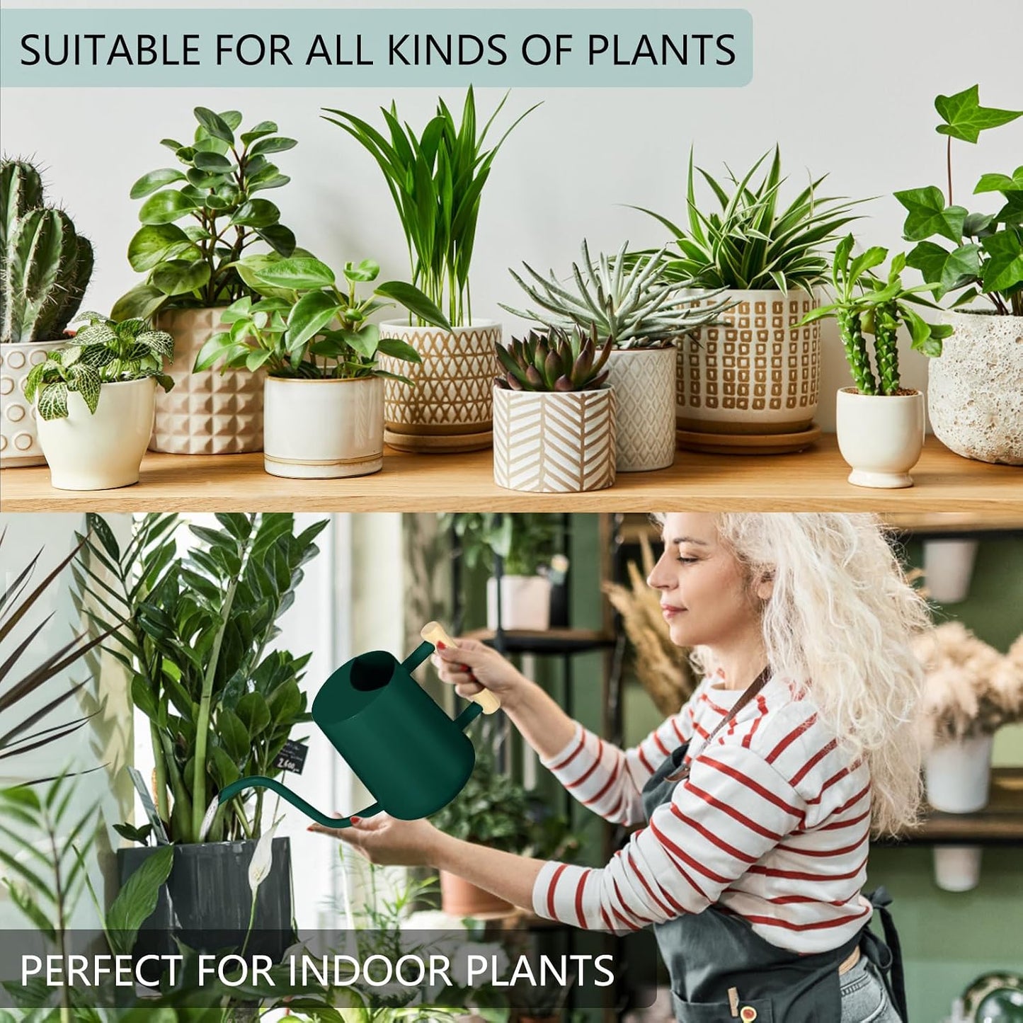 Watering Can Indoor Plants, 35oz Small Indoor Stainless Steel Metal Watering Can Modern Decorative Watering Pot with Long Spout for Indoor House Plant Bonsai Garden Flowers (Sage Green)