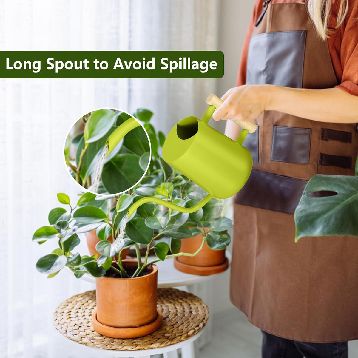 Watering Can Indoor Plants, 35oz Small Indoor Stainless Steel Metal Watering Can Modern Decorative Watering Pot with Long Spout for Indoor House Plant Bonsai Garden Flowers (Sage Green)