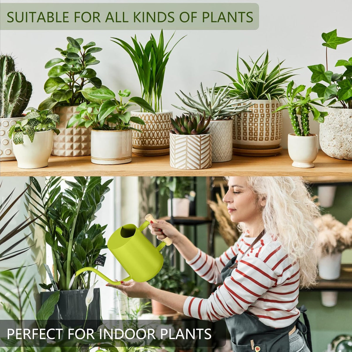 Watering Can Indoor Plants, 35oz Small Indoor Stainless Steel Metal Watering Can Modern Decorative Watering Pot with Long Spout for Indoor House Plant Bonsai Garden Flowers (Sage Green)