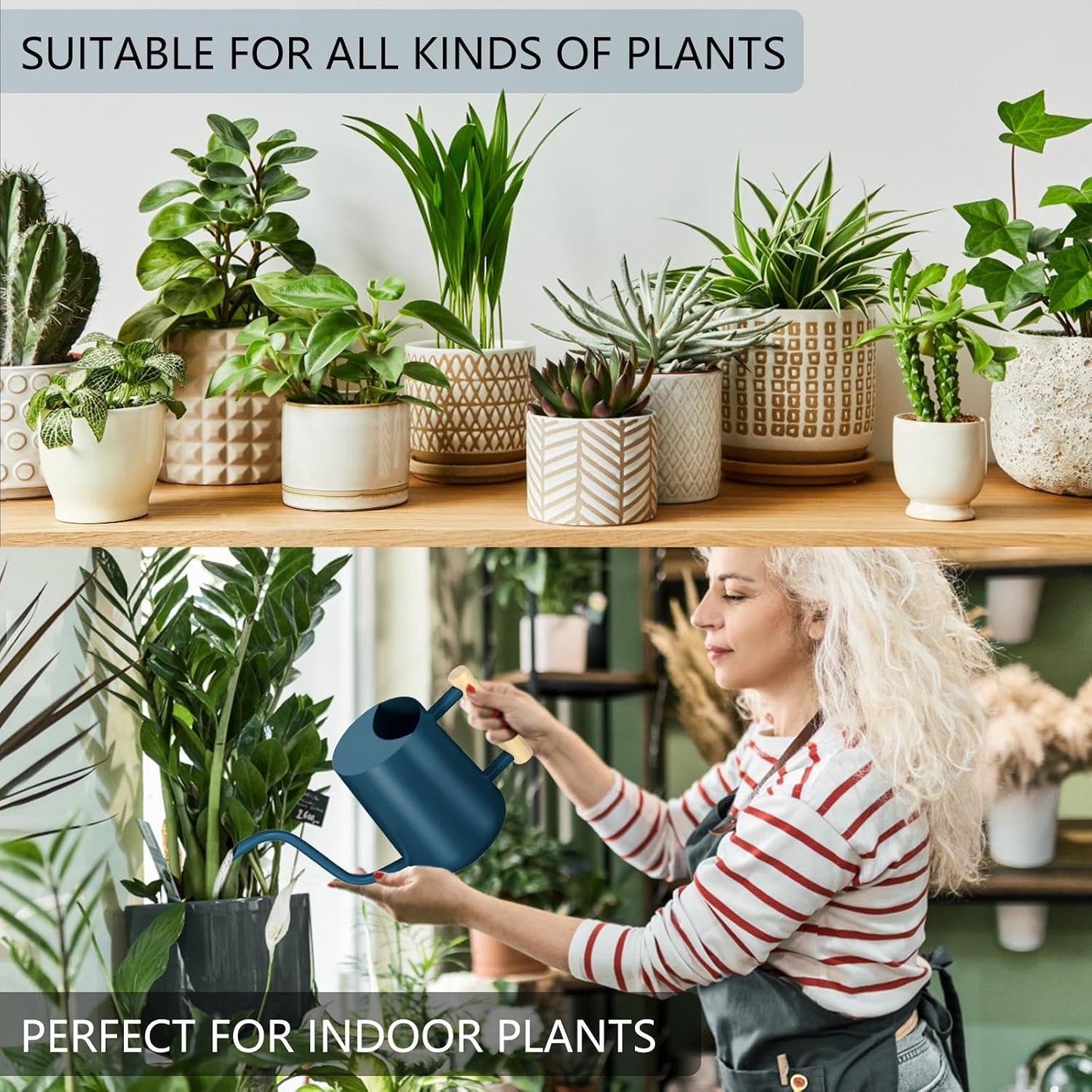 Watering Can Indoor Plants, 35oz Small Indoor Stainless Steel Metal Watering Can Modern Decorative Watering Pot with Long Spout for Indoor House Plant Bonsai Garden Flowers (Sage Green)