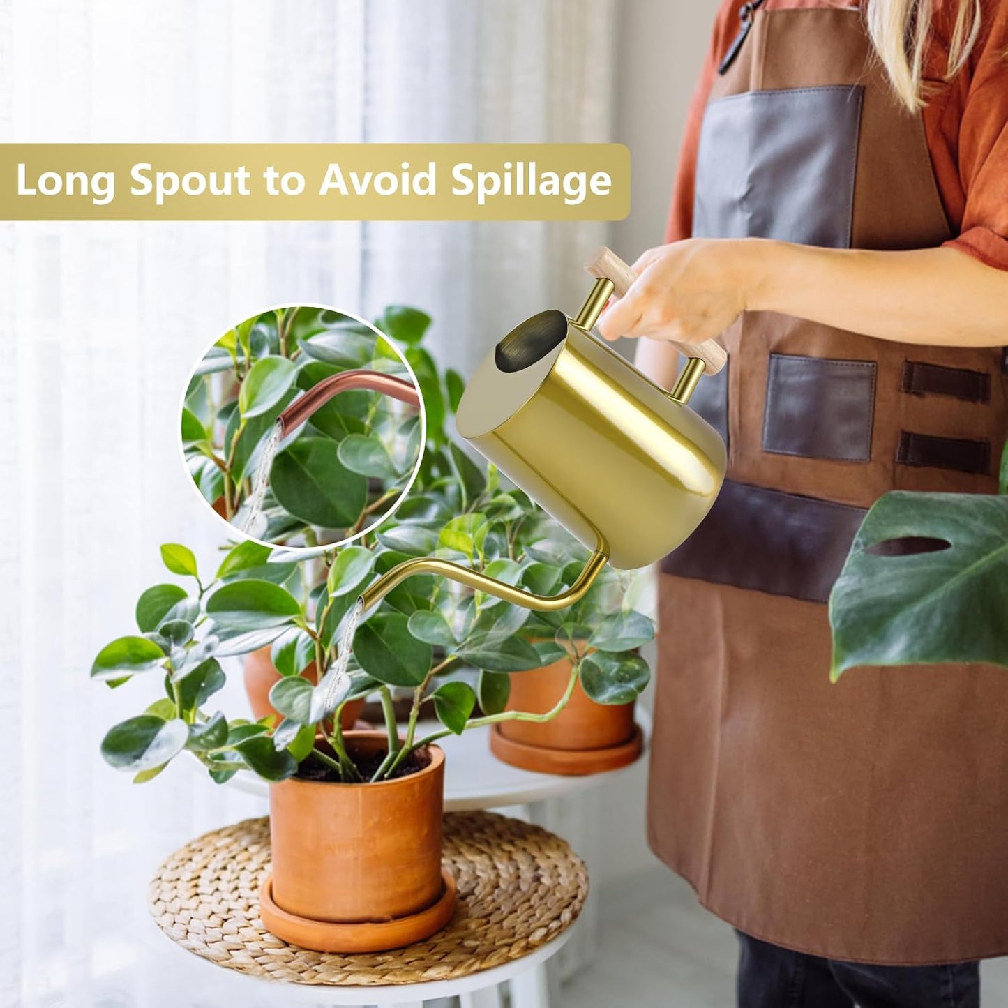 Watering Can Indoor Plants, 35oz Small Indoor Stainless Steel Metal Watering Can Modern Decorative Watering Pot with Long Spout for Indoor House Plant Bonsai Garden Flowers (Sage Green)