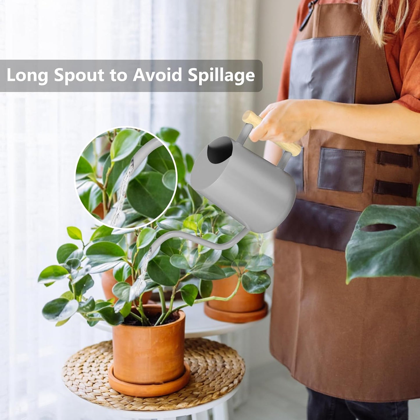 Watering Can Indoor Plants, 35oz Small Indoor Stainless Steel Metal Watering Can Modern Decorative Watering Pot with Long Spout for Indoor House Plant Bonsai Garden Flowers (Sage Green)