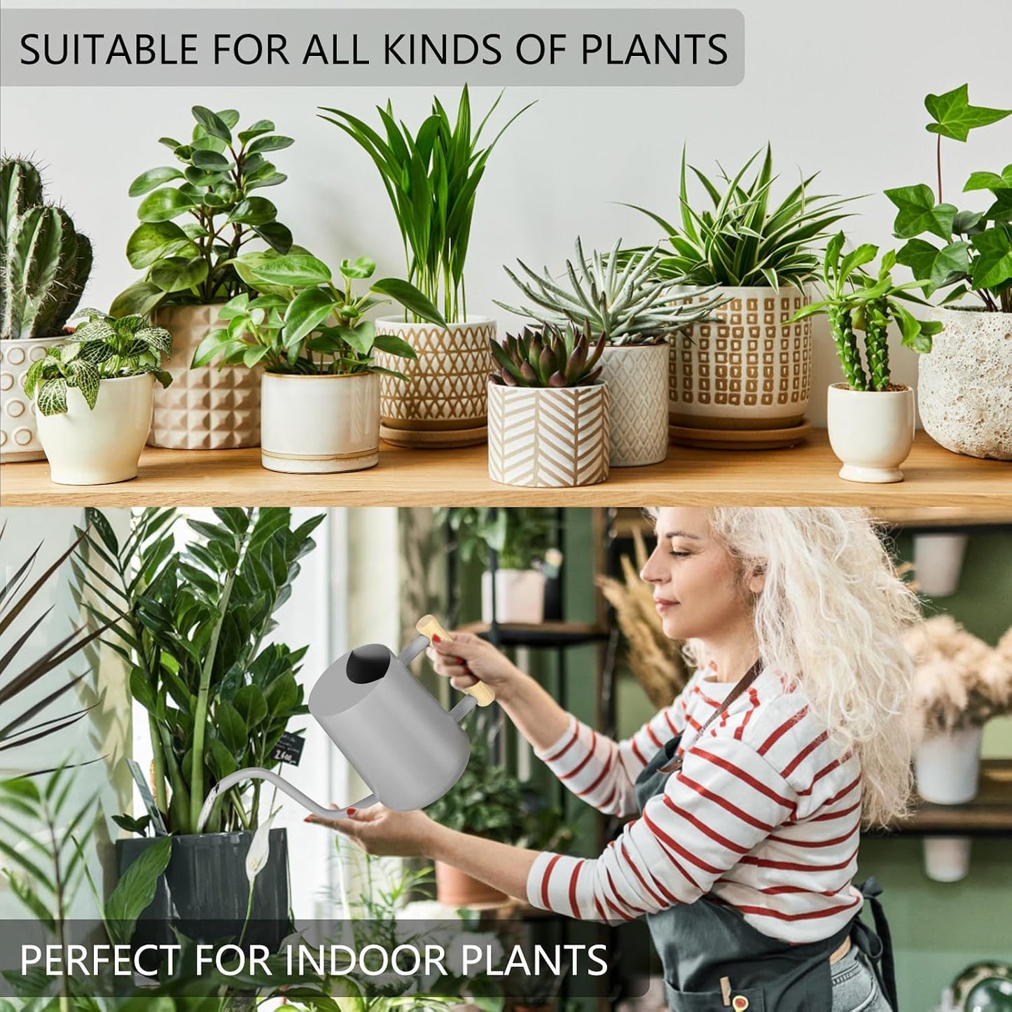 Watering Can Indoor Plants, 35oz Small Indoor Stainless Steel Metal Watering Can Modern Decorative Watering Pot with Long Spout for Indoor House Plant Bonsai Garden Flowers (Sage Green)