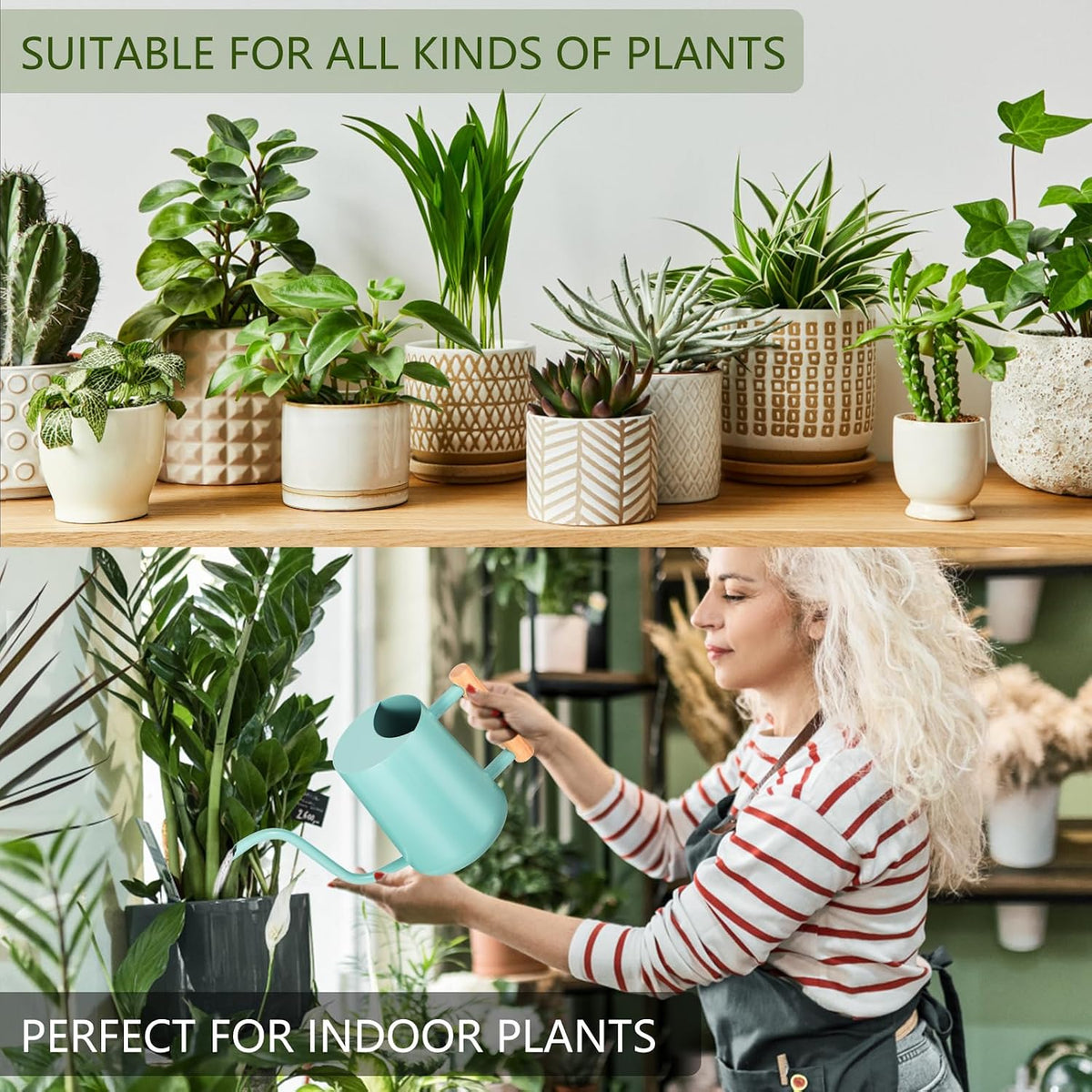 Watering Can Indoor Plants, 35oz Small Indoor Stainless Steel Metal Watering Can Modern Decorative Watering Pot with Long Spout for Indoor House Plant Bonsai Garden Flowers (Sage Green)