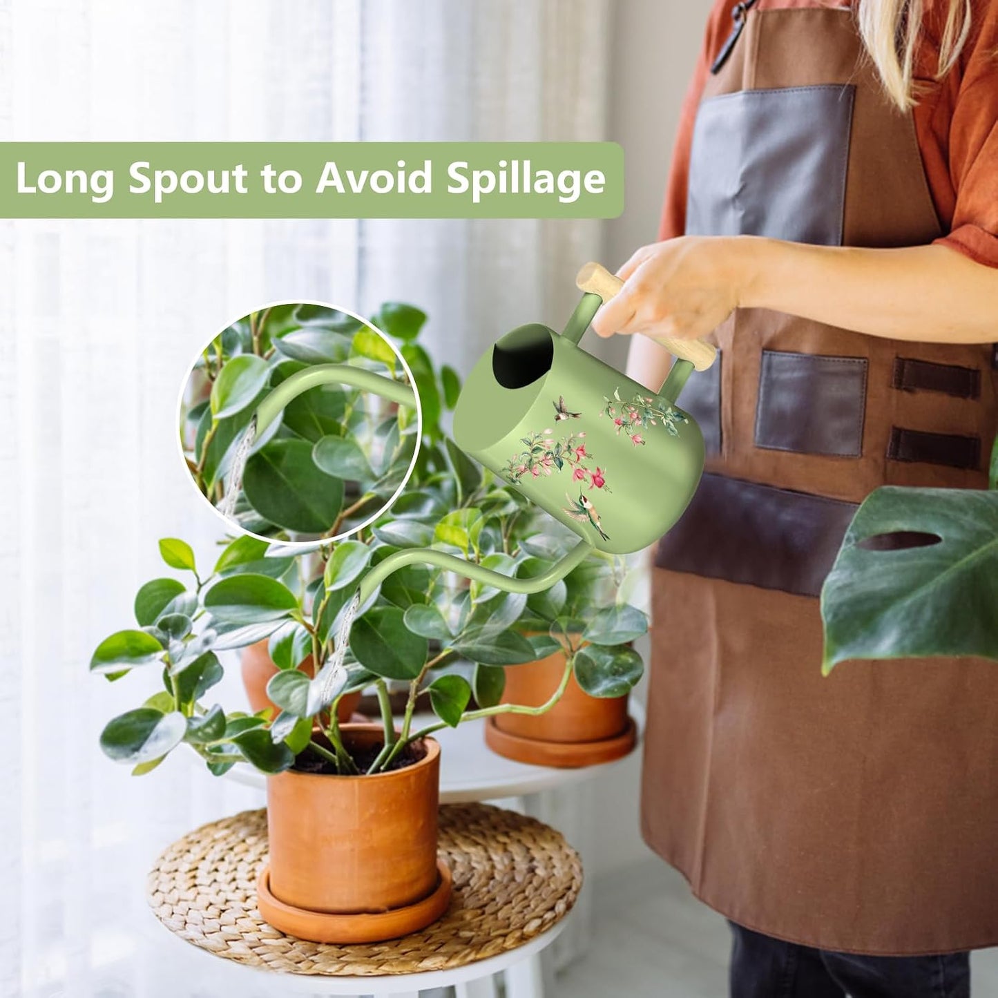 Watering Can Indoor Plants, 35oz Small Indoor Stainless Steel Metal Watering Can Modern Decorative Watering Pot with Long Spout for Indoor House Plant Bonsai Garden Flowers (Sage Green)