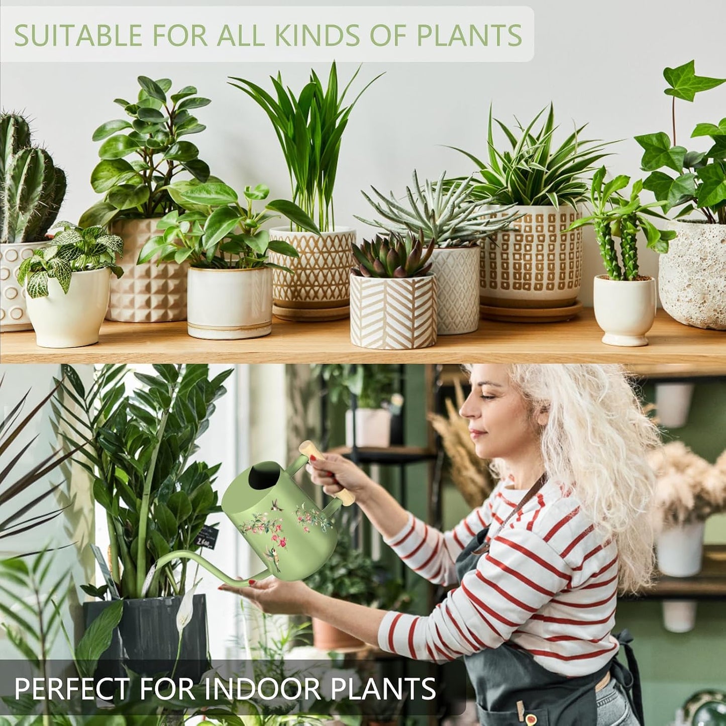 Watering Can Indoor Plants, 35oz Small Indoor Stainless Steel Metal Watering Can Modern Decorative Watering Pot with Long Spout for Indoor House Plant Bonsai Garden Flowers (Sage Green)