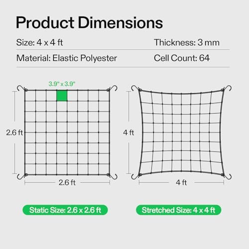 5 x 5Ft. Elastic Trellis Netting with 4 Hooks for Climbing Plants, Vegetables, Fruits, and Flowers, 1-Pack