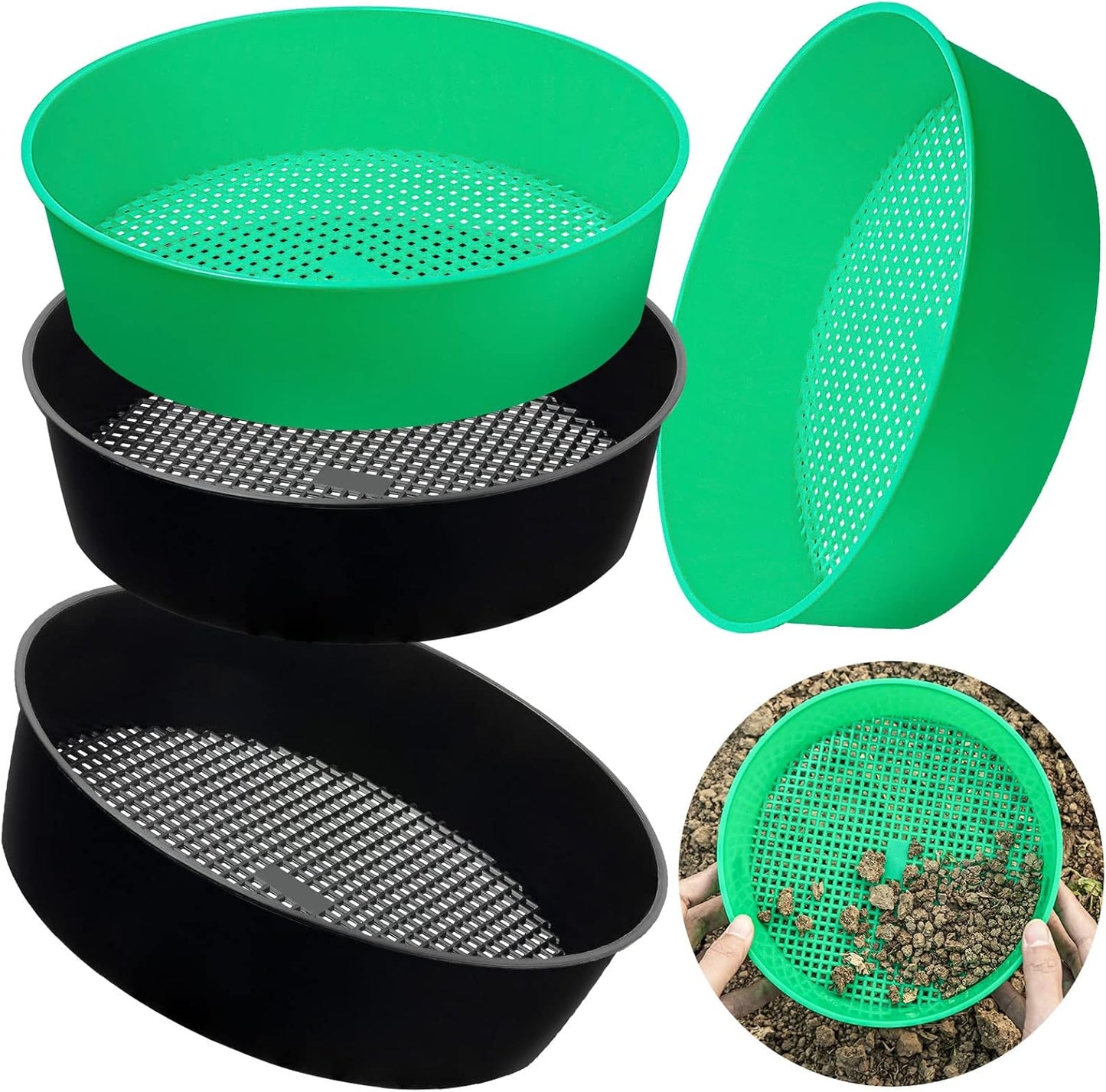 4 Pack Garden Soil Compost Sifter Round Plastic Sand Sieve, Sifting Pan Set