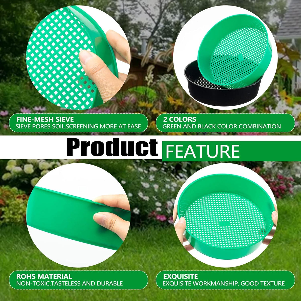 4 Pack Garden Soil Compost Sifter Round Plastic Sand Sieve, Sifting Pan Set
