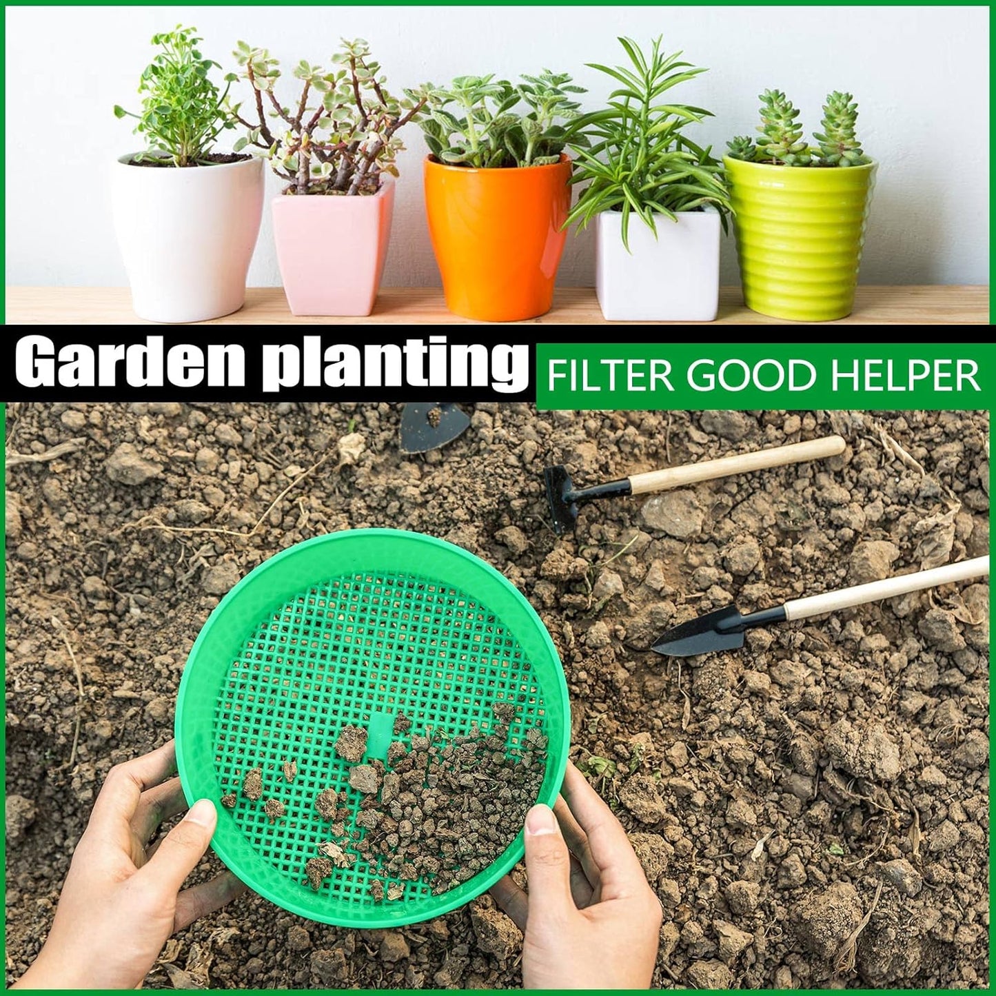 4 Pack Garden Soil Compost Sifter Round Plastic Sand Sieve, Sifting Pan Set