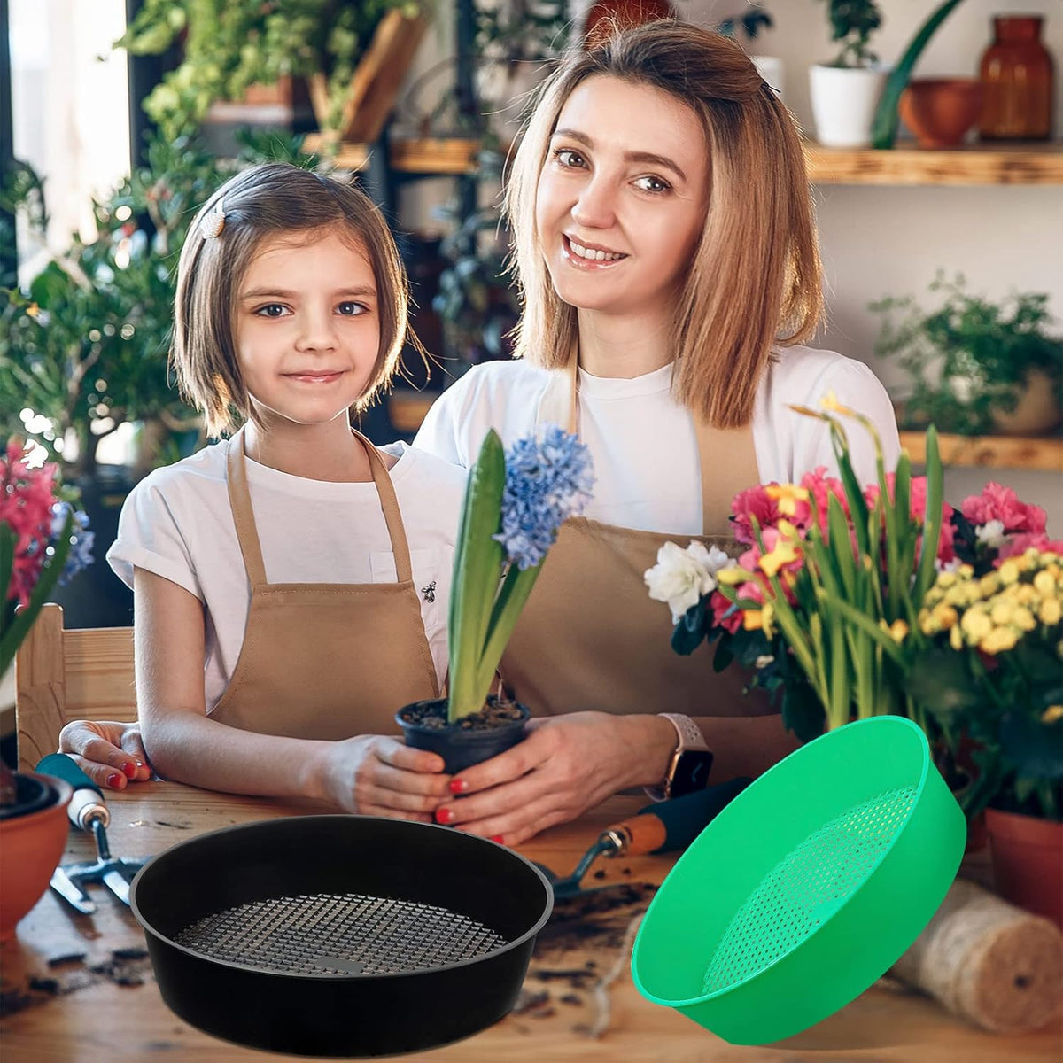 4 Pack Garden Soil Compost Sifter Round Plastic Sand Sieve, Sifting Pan Set