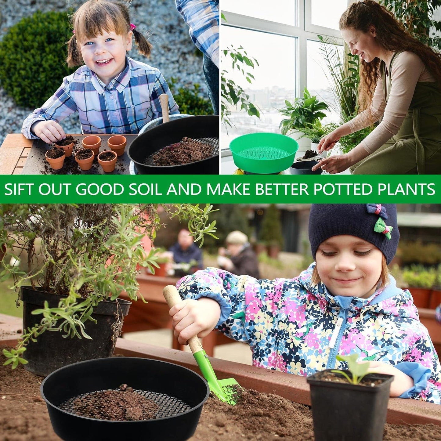 4 Pack Garden Soil Compost Sifter Round Plastic Sand Sieve, Sifting Pan Set