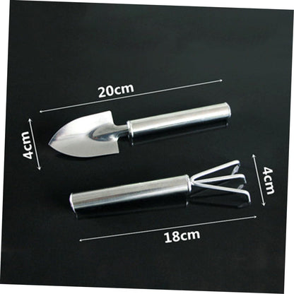 2pcs Set Garden Tool Set Succulent Garden Spade Planting Spade Hand Shovel Handle Landscaping Handheld Tool Transplant Rake Trowel Plant Mini Shovels Digging Small Rake Silver