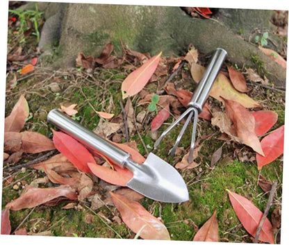 2pcs Set Garden Tool Set Succulent Garden Spade Planting Spade Hand Shovel Handle Landscaping Handheld Tool Transplant Rake Trowel Plant Mini Shovels Digging Small Rake Silver