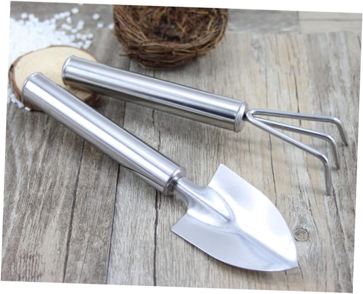 2pcs Set Garden Tool Set Succulent Garden Spade Planting Spade Hand Shovel Handle Landscaping Handheld Tool Transplant Rake Trowel Plant Mini Shovels Digging Small Rake Silver