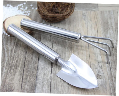 2pcs Set Garden Tool Set Succulent Garden Spade Planting Spade Hand Shovel Handle Landscaping Handheld Tool Transplant Rake Trowel Plant Mini Shovels Digging Small Rake Silver
