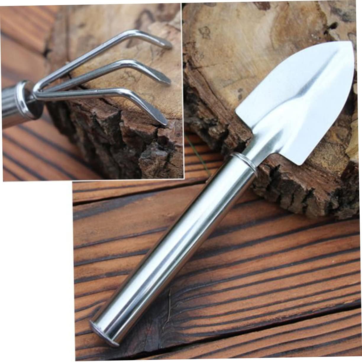 2pcs Set Garden Tool Set Succulent Garden Spade Planting Spade Hand Shovel Handle Landscaping Handheld Tool Transplant Rake Trowel Plant Mini Shovels Digging Small Rake Silver