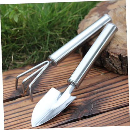 2pcs Set Garden Tool Set Succulent Garden Spade Planting Spade Hand Shovel Handle Landscaping Handheld Tool Transplant Rake Trowel Plant Mini Shovels Digging Small Rake Silver