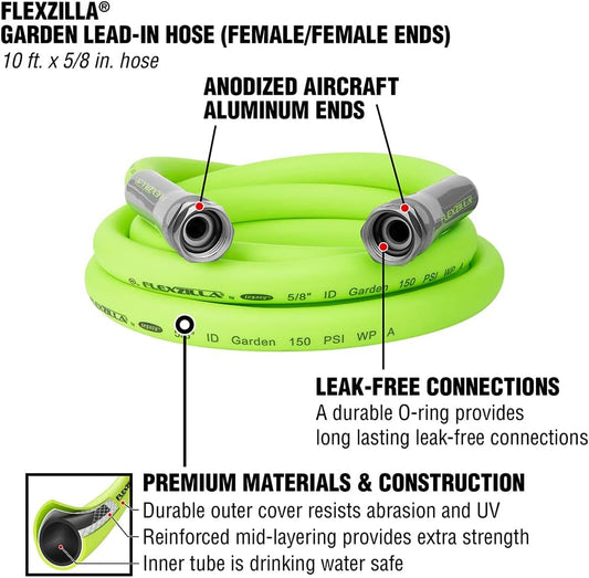 Garden Lead-In Hose, 5/8" x 10', Female to Female Fittings (3/4" - 11 1/2 GHT)