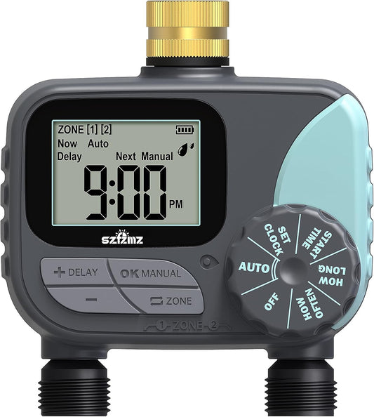 Sprinkler Timer, Water Timer for Garden Hose, Irrigation Timers Controller for Outdoor Plants Lawn, Hose Timers for Watering with Rain Delay/Manual/Automatic Watering System, Brass Inlet 2 Outlet