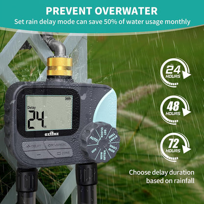 Sprinkler Timer, Water Timer for Garden Hose, Irrigation Timers Controller for Outdoor Plants Lawn, Hose Timers for Watering with Rain Delay/Manual/Automatic Watering System, Brass Inlet 2 Outlet