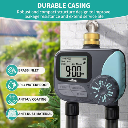 Sprinkler Timer, Water Timer for Garden Hose, Irrigation Timers Controller for Outdoor Plants Lawn, Hose Timers for Watering with Rain Delay/Manual/Automatic Watering System, Brass Inlet 2 Outlet