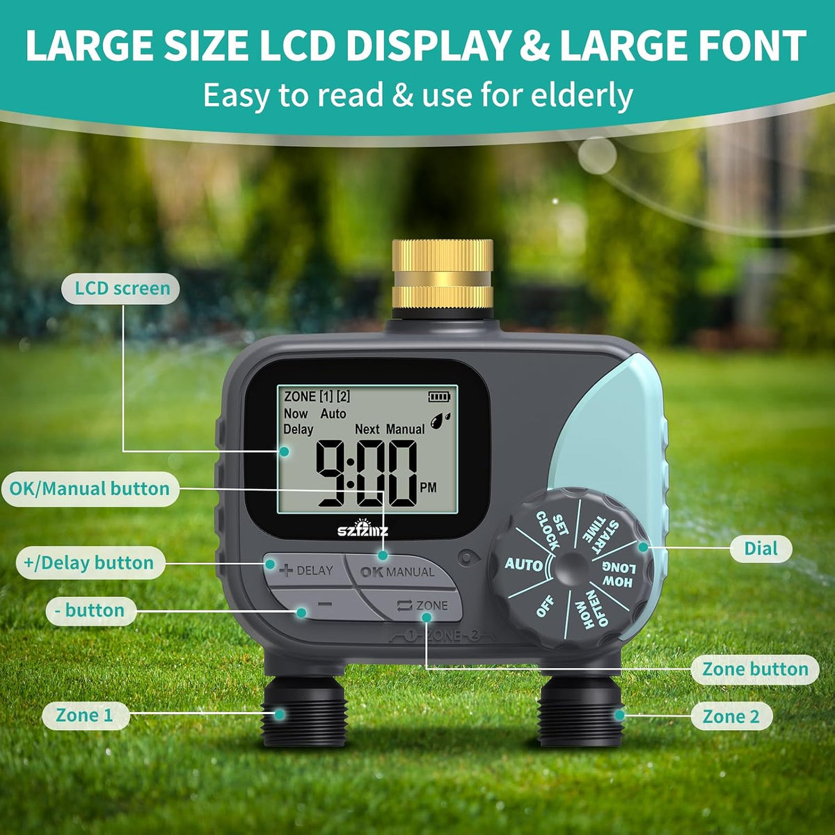 Sprinkler Timer, Water Timer for Garden Hose, Irrigation Timers Controller for Outdoor Plants Lawn, Hose Timers for Watering with Rain Delay/Manual/Automatic Watering System, Brass Inlet 2 Outlet