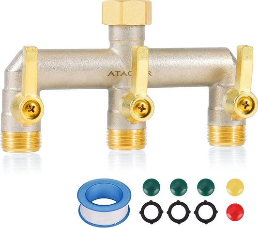 3-Way Full Flow Garden Hose Splitter, 3/4” GHT Thread, Heavy Duty Brass Nickel Plated Outdoor Faucet Manifold ，Hose High Flow Adapter，with Individual Shutoff Valves Extended Handle